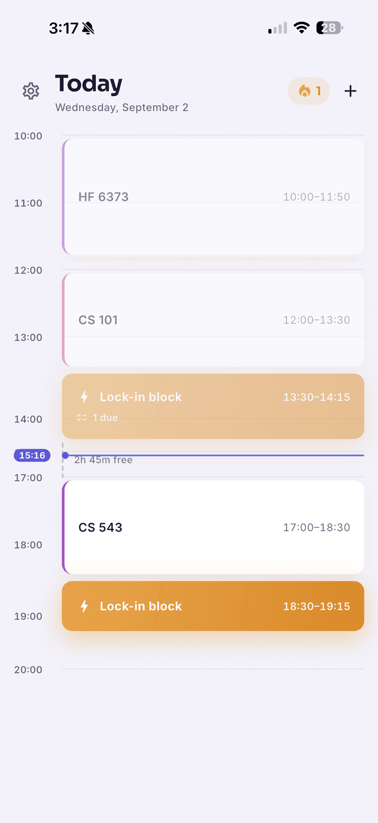 AfterClass Today screen showing a class timeline with lock-in study blocks and free time