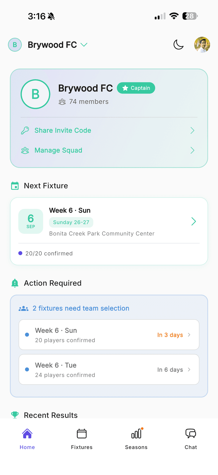 Locker Lounge home screen showing a club dashboard with the next fixture and team actions