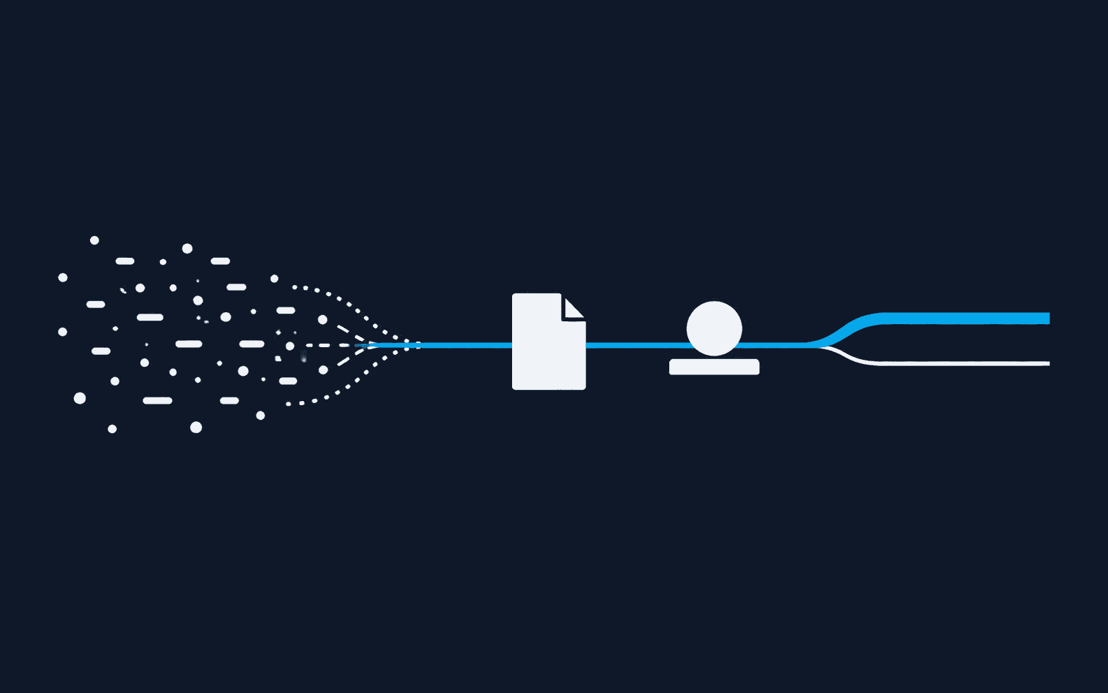 Illustration: many calls converging into one line that passes through a contract and a payment, then splits into a sale and a commission